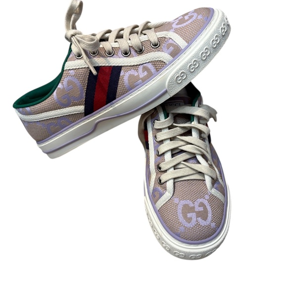 Gucci Z4403 Womens Beige Lilac Canvas Jumbo GG Tennis 1977 Sneakers - 7 - Picture 6 of 8